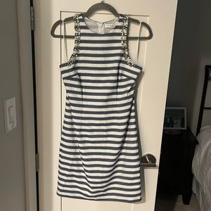 Navy/White Striped Sleeveless Trina Turk Dress with Bejeweled Trim